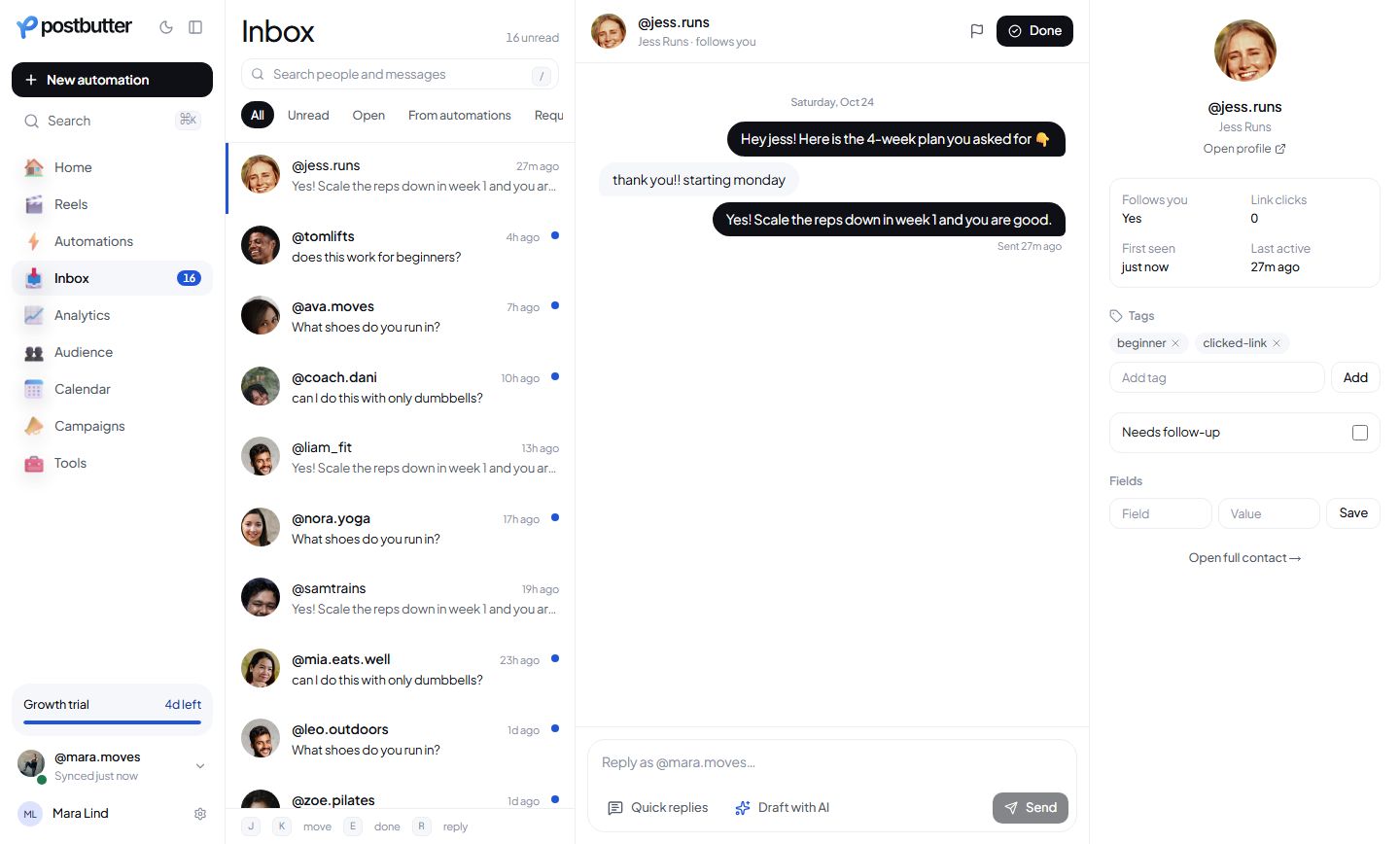 Postbutter Inbox screen
